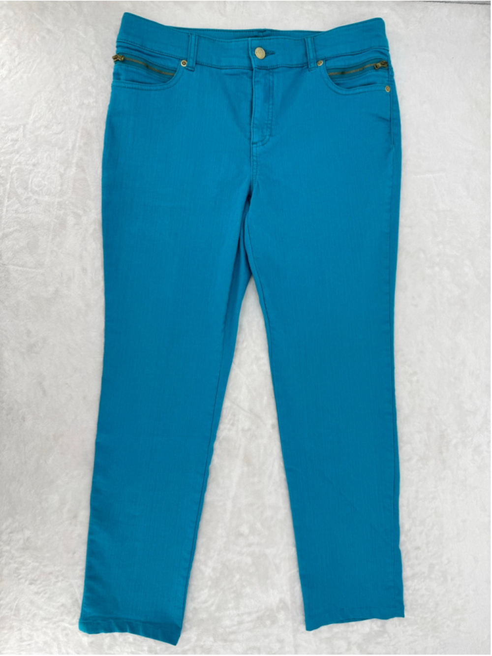 Chico’s So Slimming Turquoise Slim Leg Jeans Zipper Pockets Size 1/8